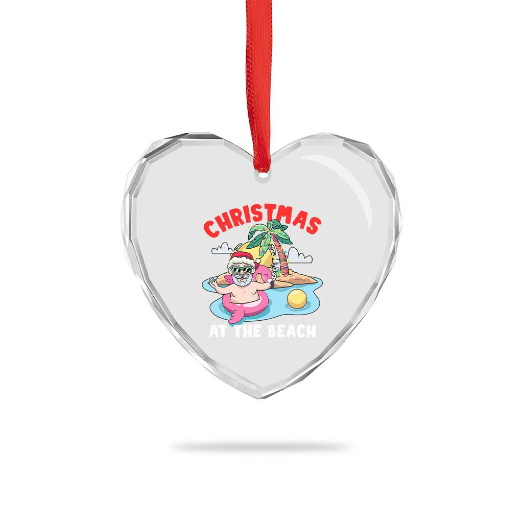 Xmas At The Beach Heart Crystal Glass Ornament Funny Santa Claus Flamingo Float Chilling - Wonder Print Shop