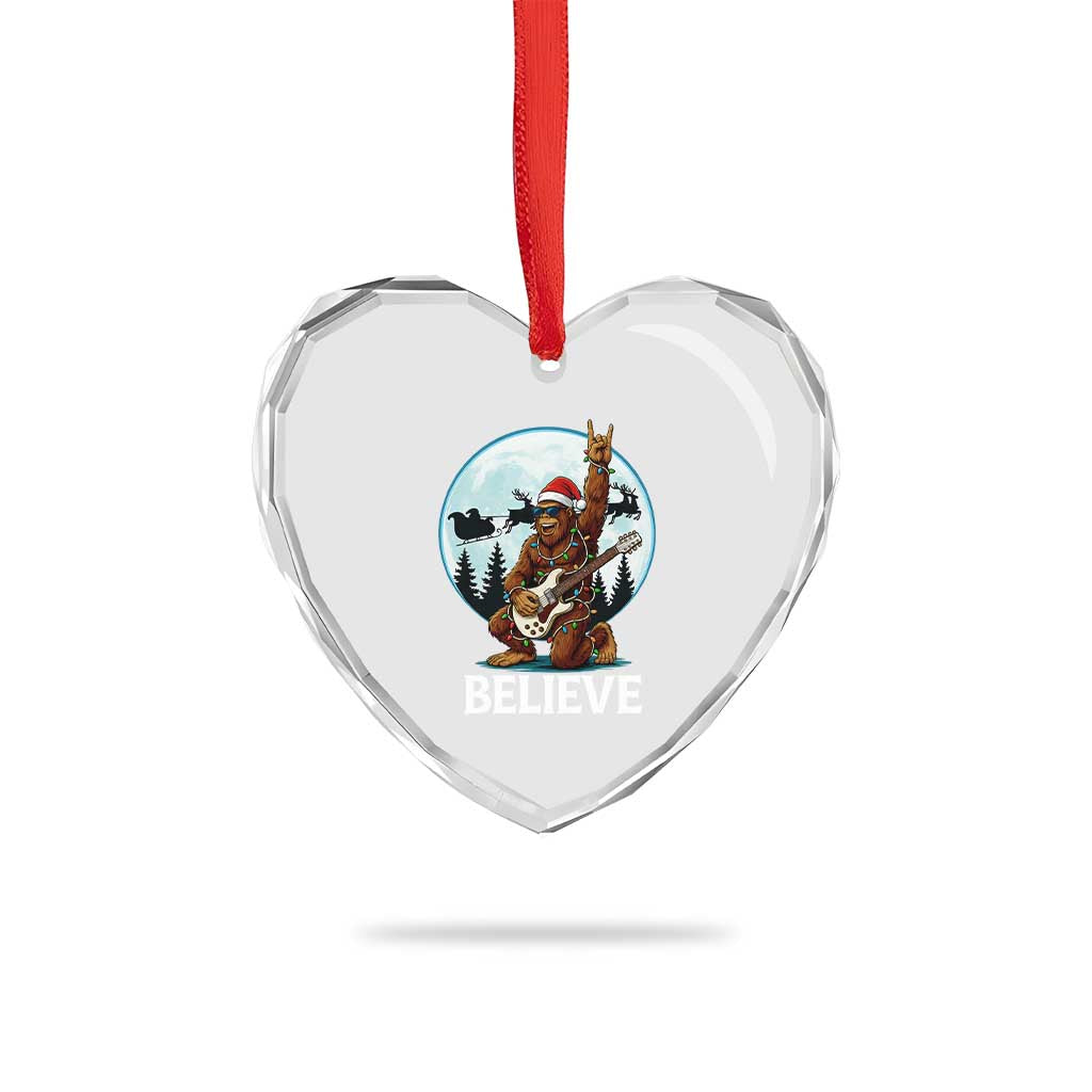 Xmas Bigfoot Heart Crystal Glass Ornament Believe Funny Santa Rock N Roll - Wonder Print Shop