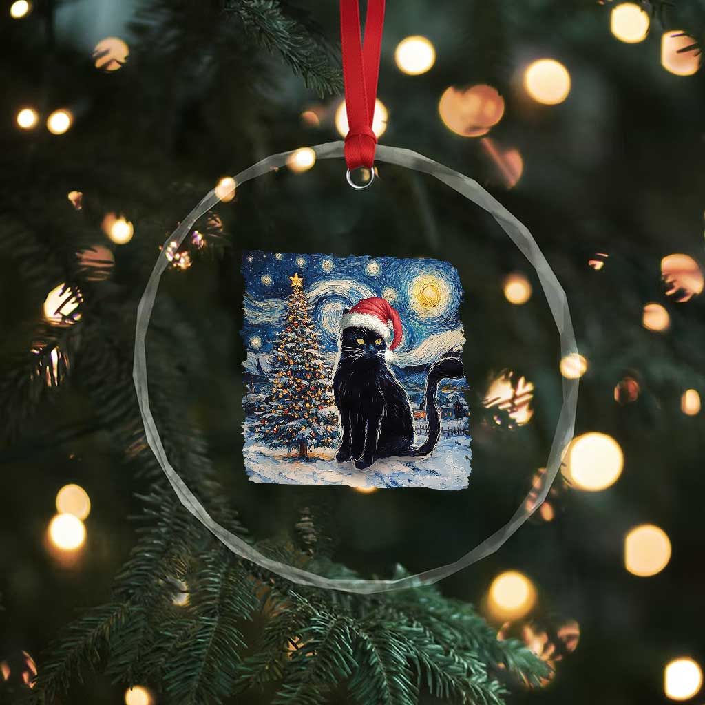 Xmas Black Cat Crystal Glass Ornament Meowy Catmas Starry Night Santa Cat TS09