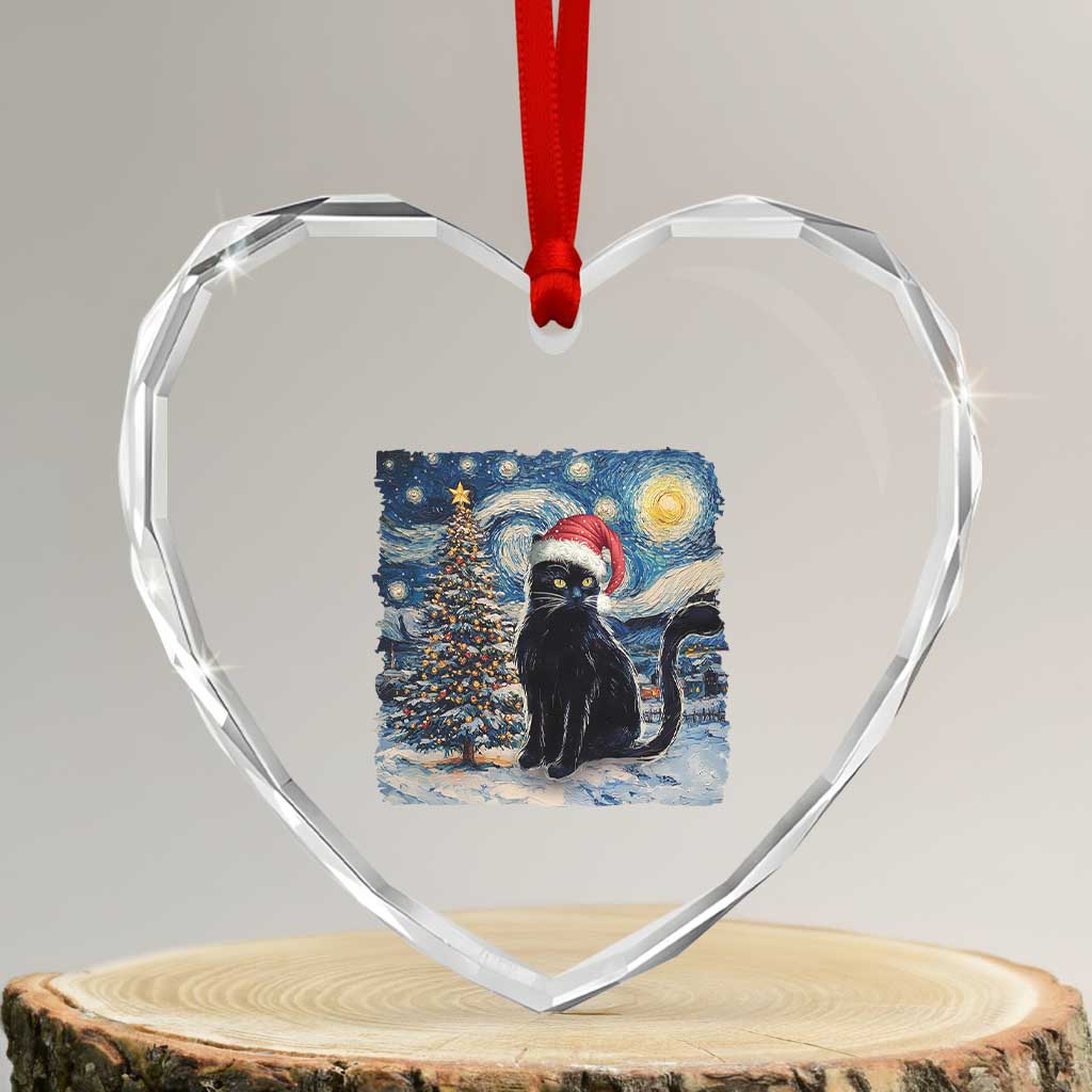 Xmas Black Cat Heart Crystal Glass Ornament Meowy Catmas Starry Night Santa Cat - Wonder Print Shop