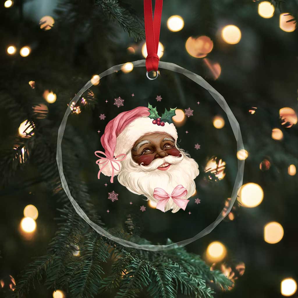 Xmas Coquette Pink Black Santa Bow Crystal Glass Ornament - Wonder Print Shop