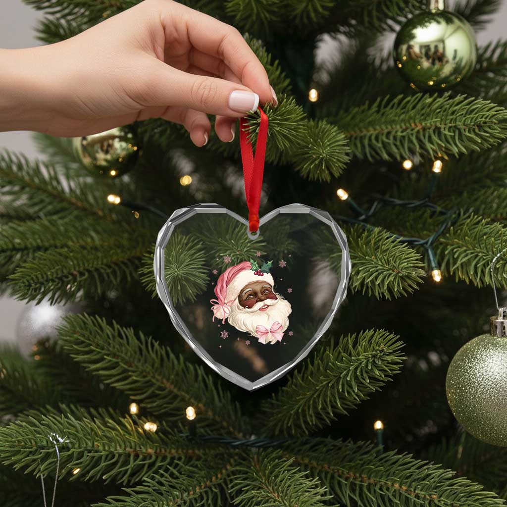Xmas Coquette Pink Black Santa Bow Heart Crystal Glass Ornament - Wonder Print Shop