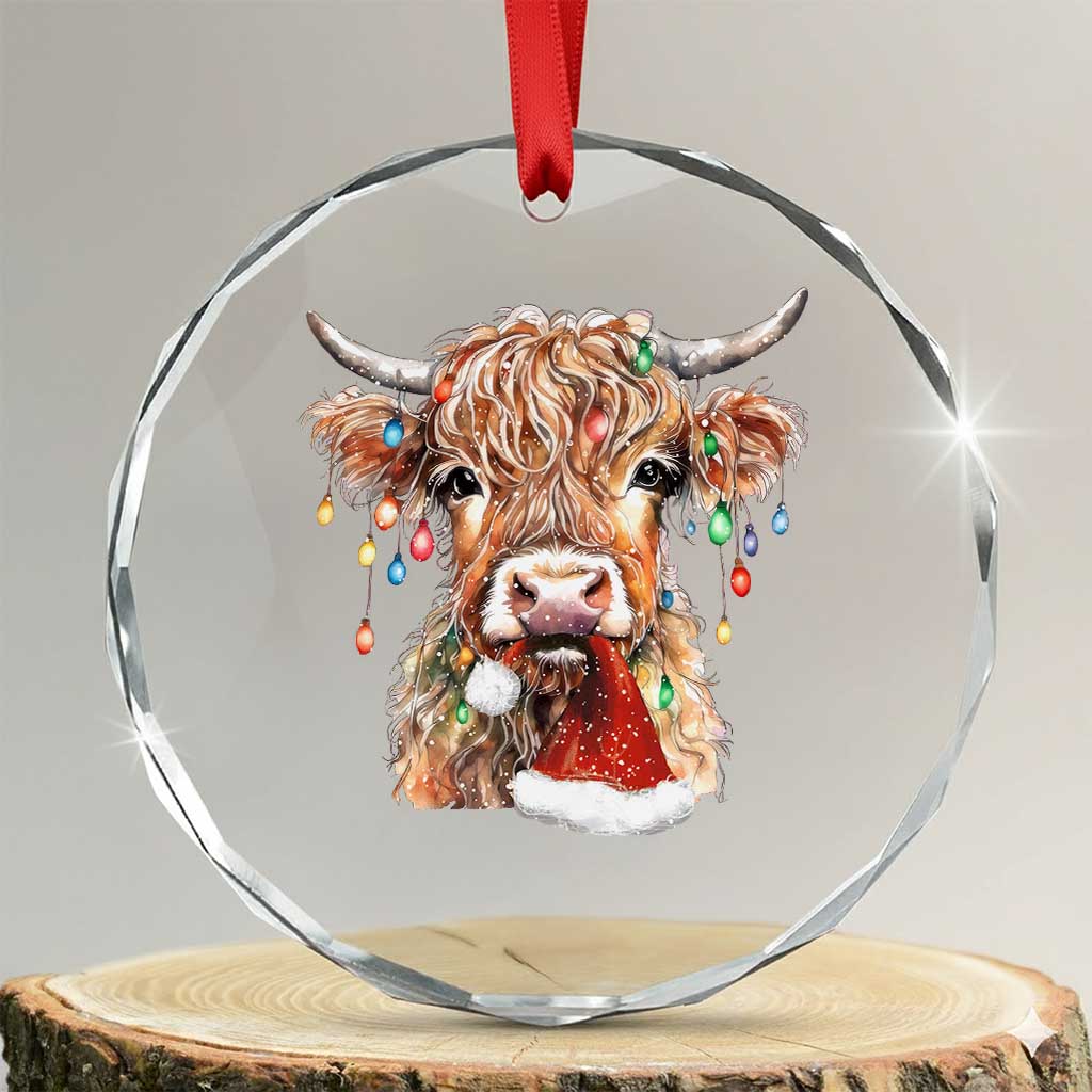 Xmas Cow Crystal Glass Ornament Highland Cow Lights Santa Hats Farm Xmas - Wonder Print Shop