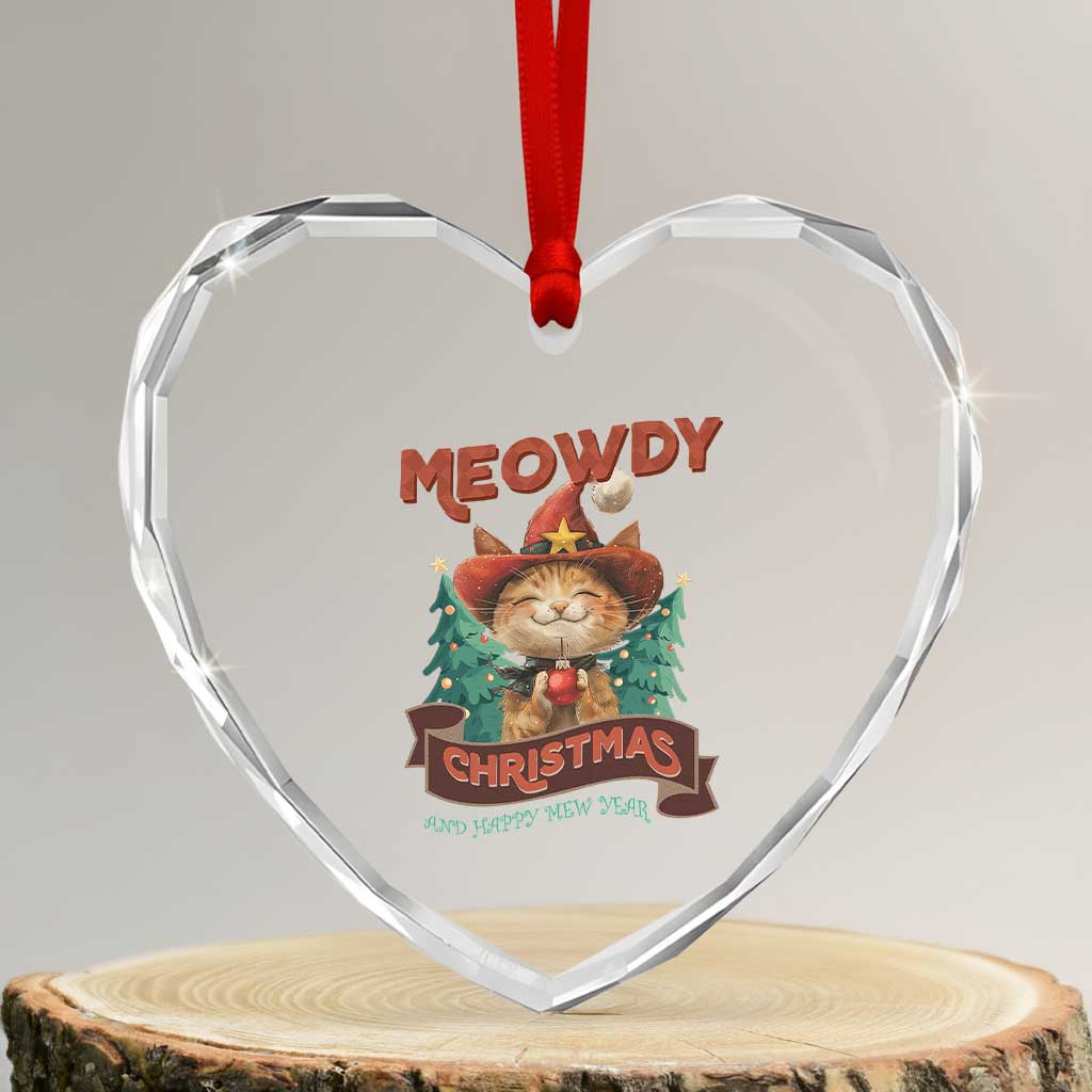 Xmas Cowboy Cat Heart Crystal Glass Ornament Meowdy Christmas And Happy Mew Year - Wonder Print Shop