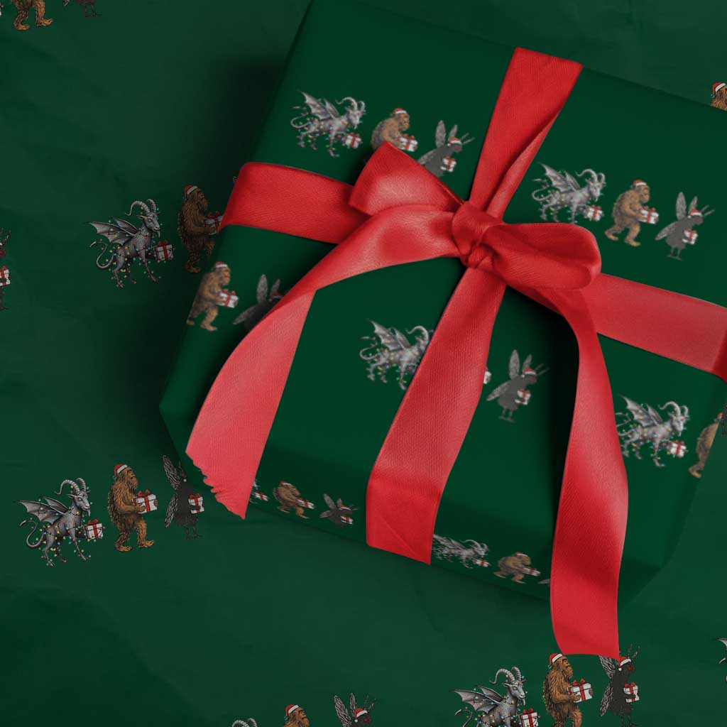 Xmas Cryptid Gift Wrapping Paper Roll Bigfoot Jersey Devil Mothman Santa - Wonder Print Shop