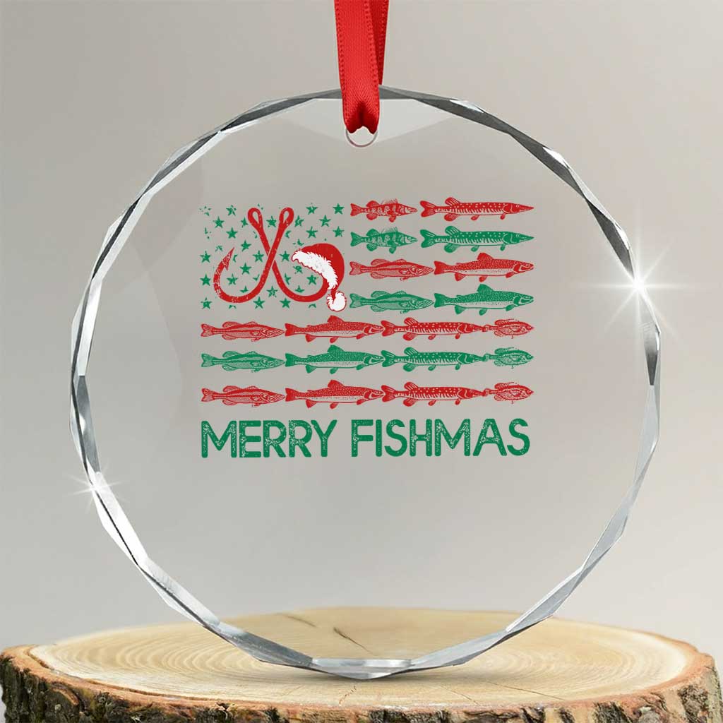Xmas Fishing Crystal Glass Ornament Merry Fishmas Fisherman American Flag TS09