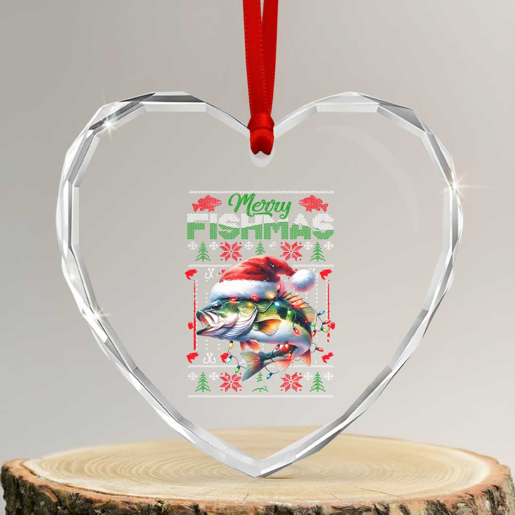 Xmas Fishing Heart Crystal Glass Ornament Merry Fishmas Fisherman Santa Hat Fish - Wonder Print Shop