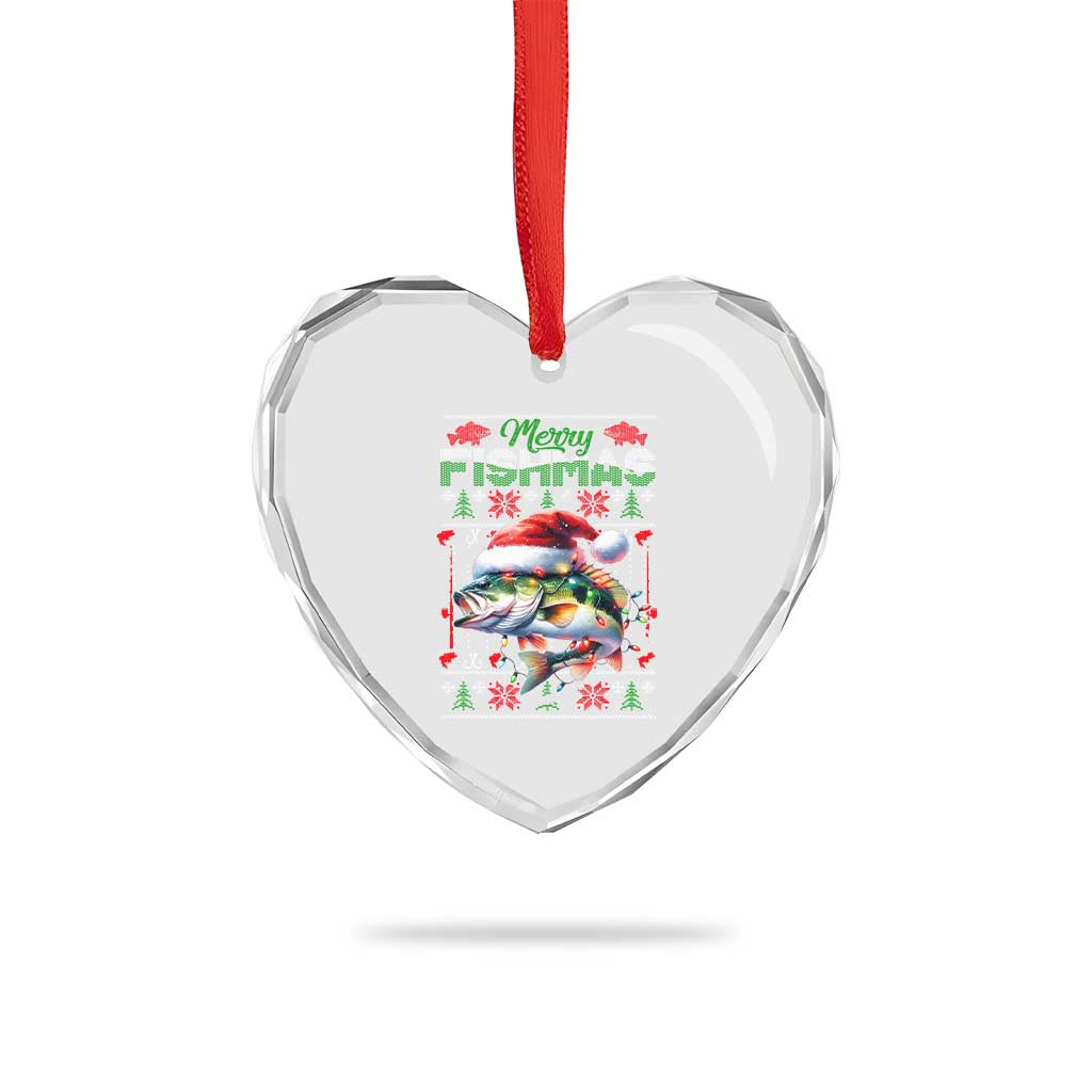 Xmas Fishing Heart Crystal Glass Ornament Merry Fishmas Fisherman Santa Hat Fish - Wonder Print Shop