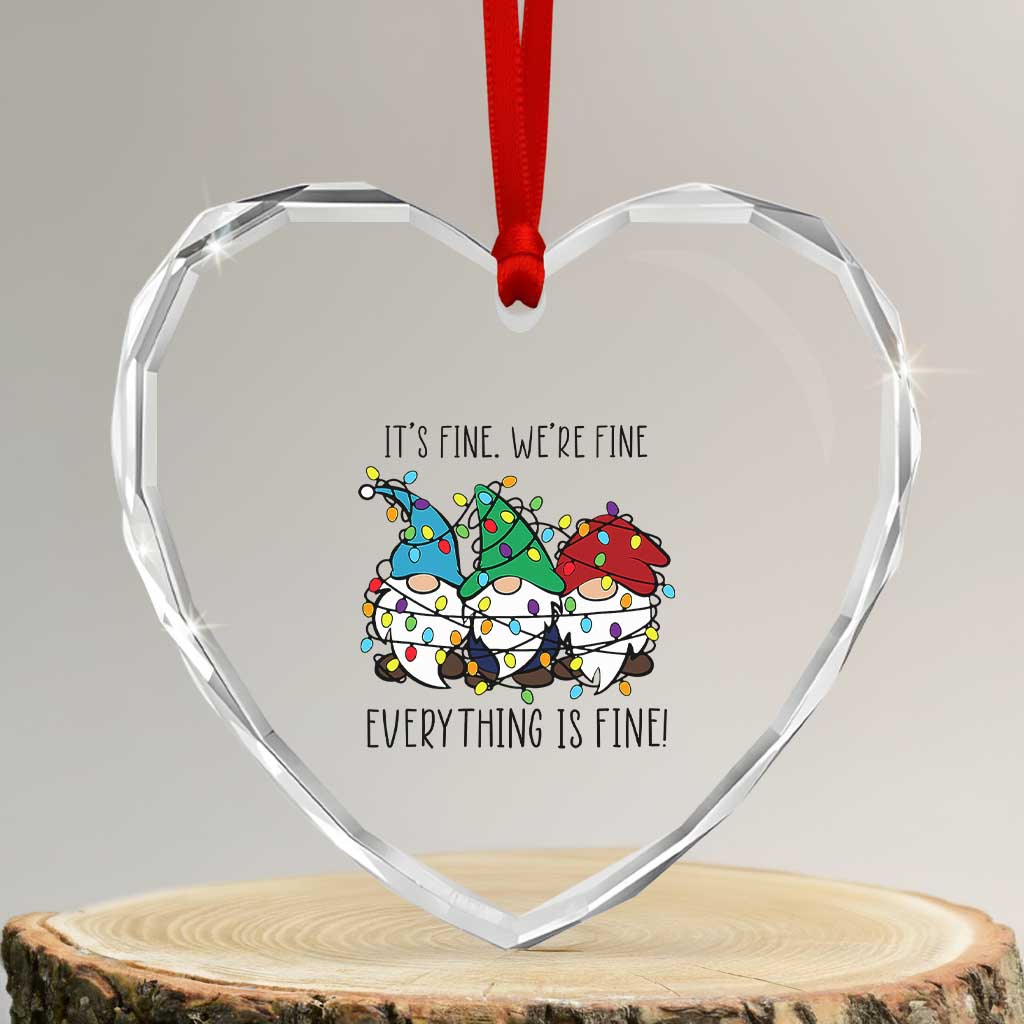 Xmas Gnomies Heart Crystal Glass Ornament It's Fine I'm Fine Everything Is Fine - Wonder Print Shop
