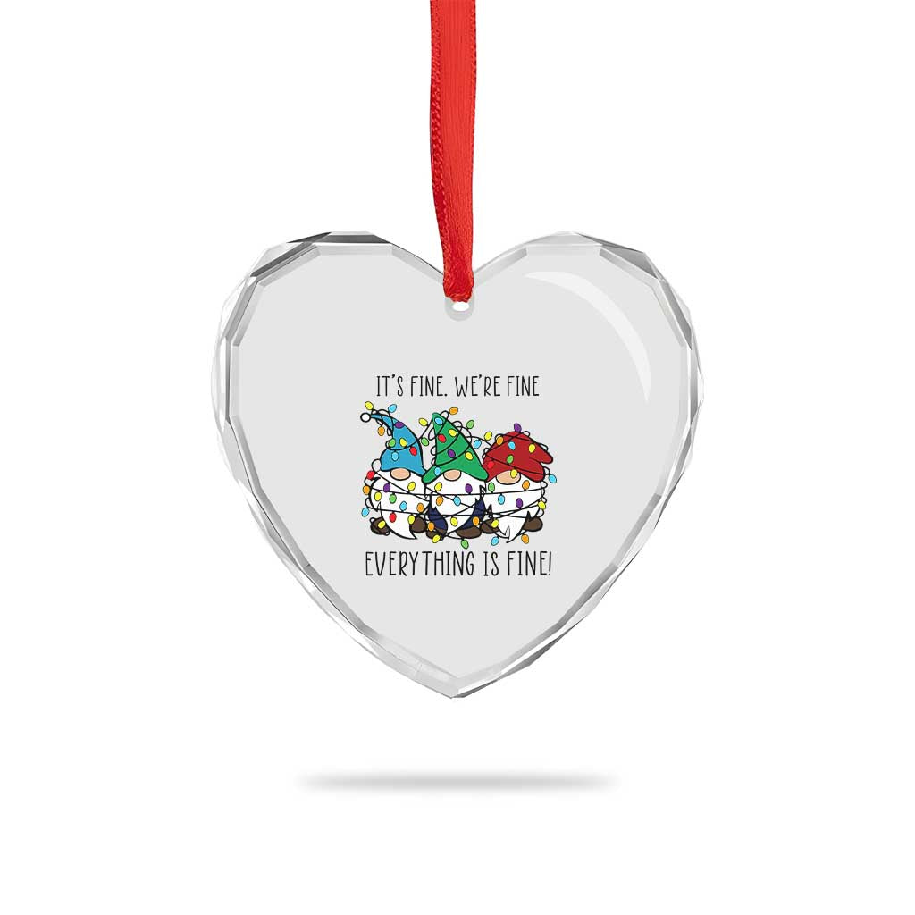 Xmas Gnomies Heart Crystal Glass Ornament It's Fine I'm Fine Everything Is Fine - Wonder Print Shop