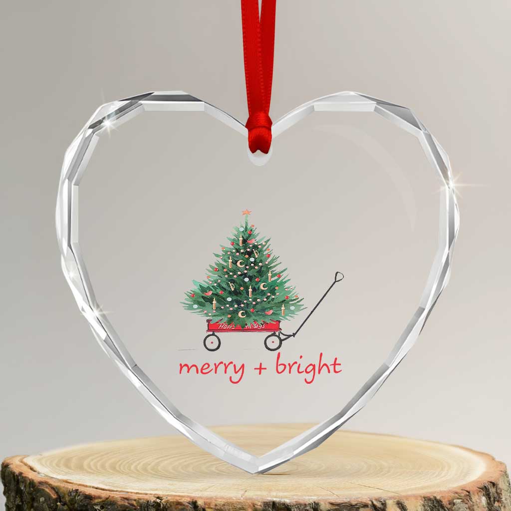 Xmas Heart Crystal Glass Ornament Merry And Bright Retro Xmas Tree Wagon - Wonder Print Shop
