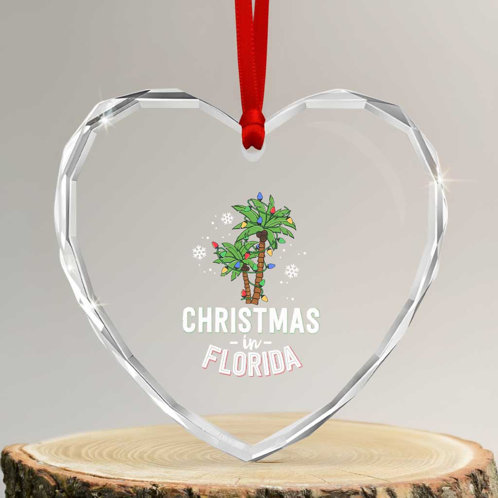 Xmas In Florida Heart Crystal Glass Ornament Deck The Palm Trees Matching Family Vacation - Wonder Print Shop