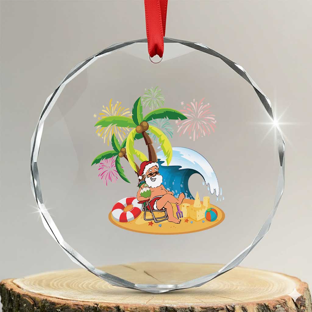 Xmas In Hawaii Crystal Glass Ornament Palm Tree Firework Santa At Beach Drinking Coconut TS09