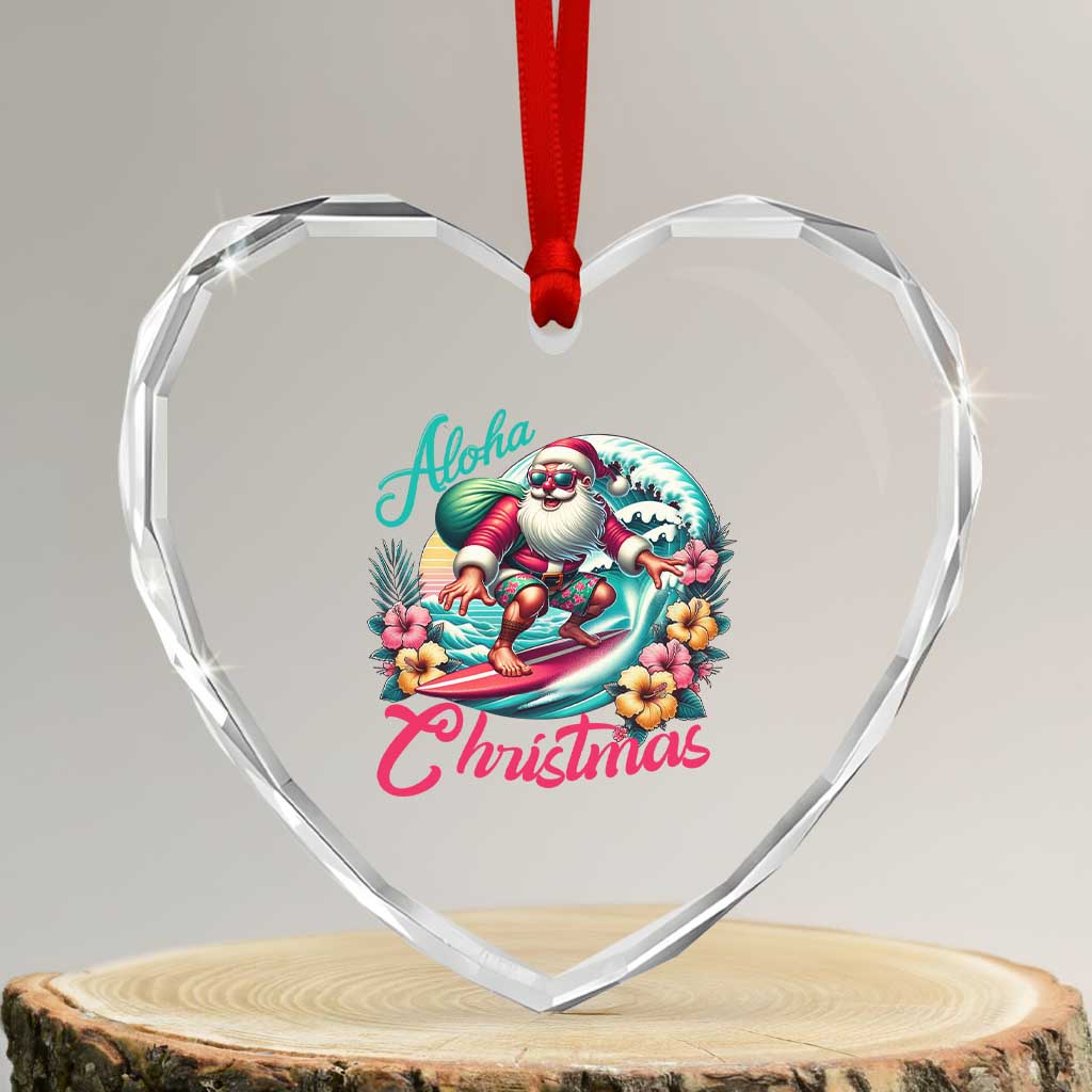 Xmas In Hawaii Heart Crystal Glass Ornament Aloha Xmas Santa Surfing Hibiscus Flower - Wonder Print Shop