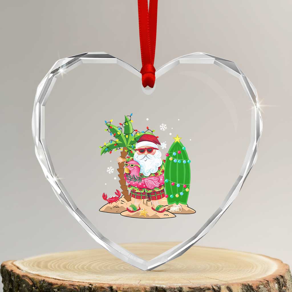 Xmas In Hawaii Heart Crystal Glass Ornament Flamingo Float Xmas Palm Tree Surfboard Cute Santa At Beach - Wonder Print Shop