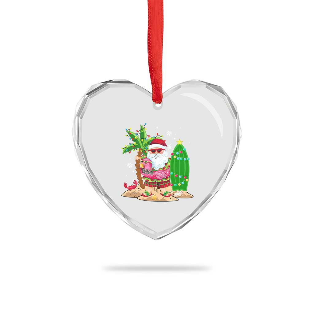 Xmas In Hawaii Heart Crystal Glass Ornament Flamingo Float Xmas Palm Tree Surfboard Cute Santa At Beach - Wonder Print Shop