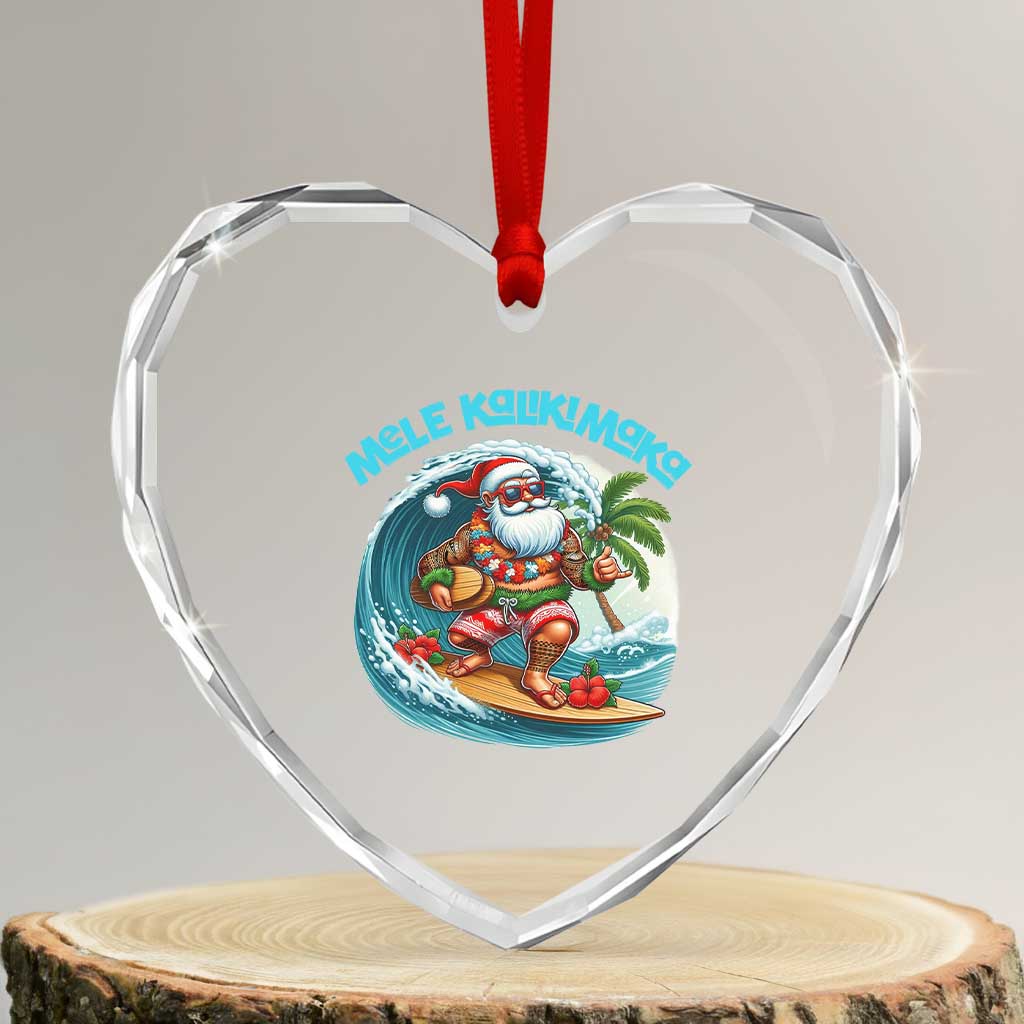 Xmas In Hawaii Heart Crystal Glass Ornament Mele Kalikimaka Santa Surfing Hibiscus - Wonder Print Shop