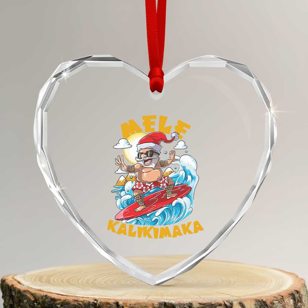 Xmas In Hawaii Heart Crystal Glass Ornament Mele Kalikimaka Surfing Santa Kakau Tattoo - Wonder Print Shop