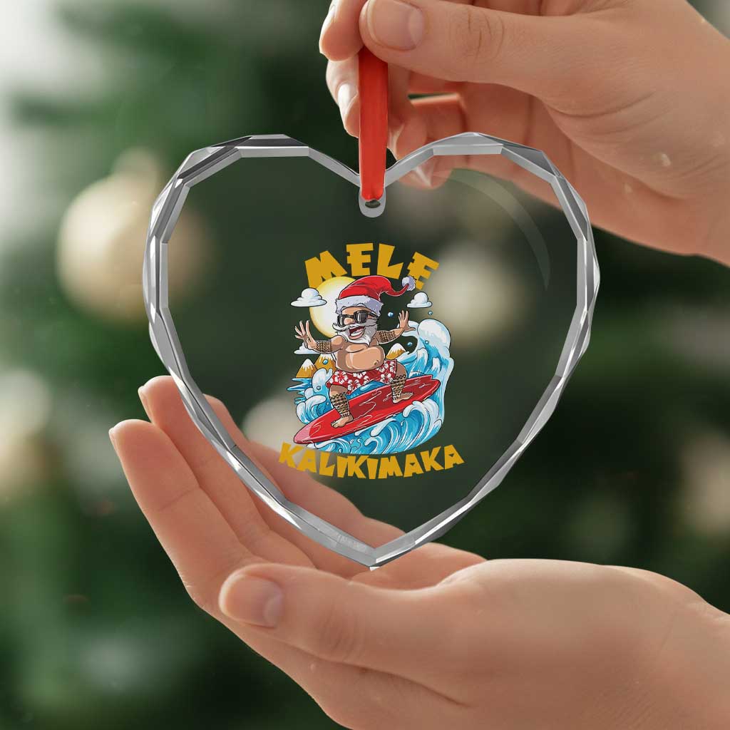 Xmas In Hawaii Heart Crystal Glass Ornament Mele Kalikimaka Surfing Santa Kakau Tattoo - Wonder Print Shop