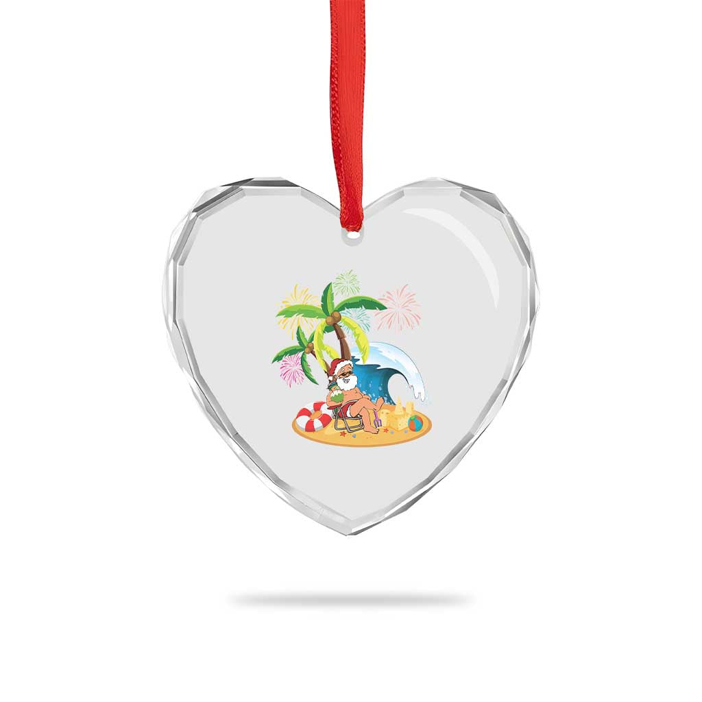 Xmas In Hawaii Heart Crystal Glass Ornament Palm Tree Firework Santa At Beach Drinking Coconut - Wonder Print Shop