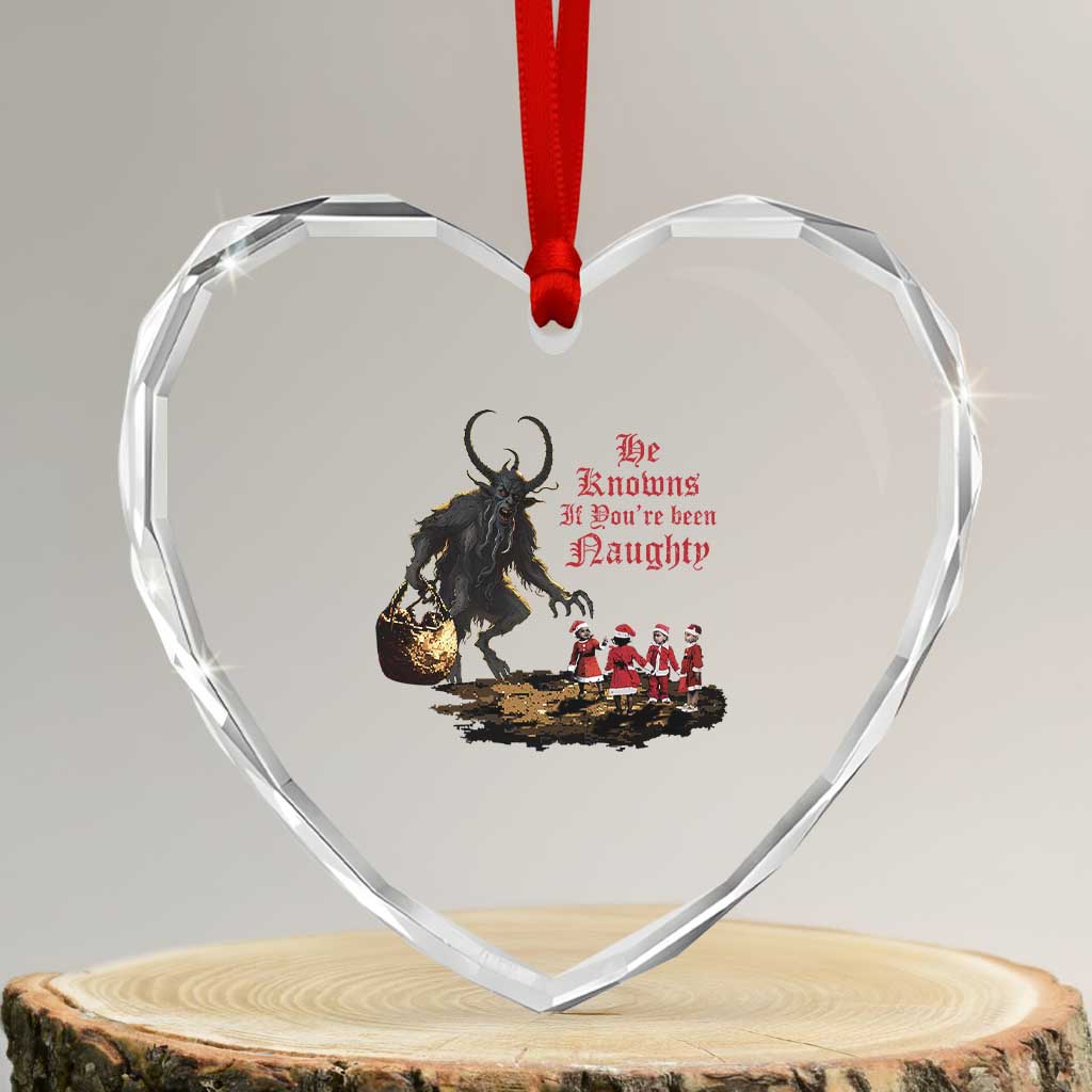 Xmas Krampus Heart Crystal Glass Ornament He Knows If You've Been Naughty - Wonder Print Shop