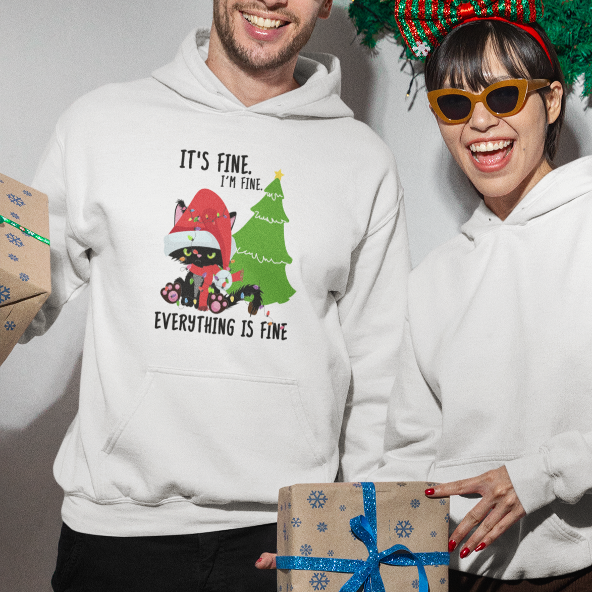 Black Cat Christmas Hoodie It's Fine I'm Fine Everything Is Fine - Wonder Print Shop