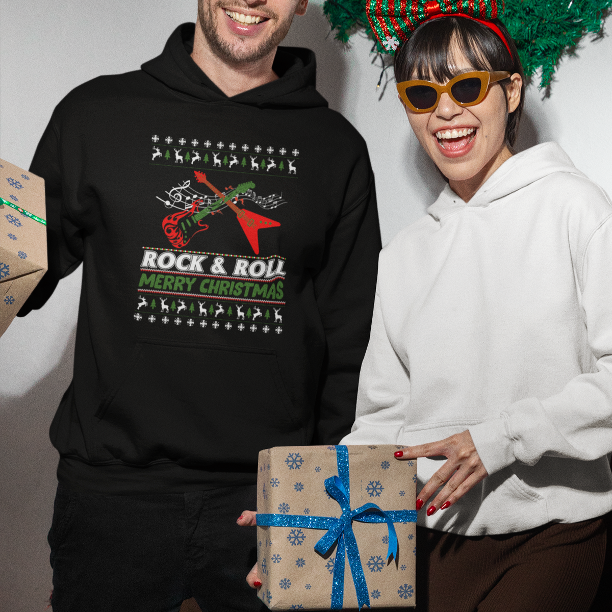 Rock And Roll Merry Christmas Electric Guitar Hoodie - Wonder Print Shop