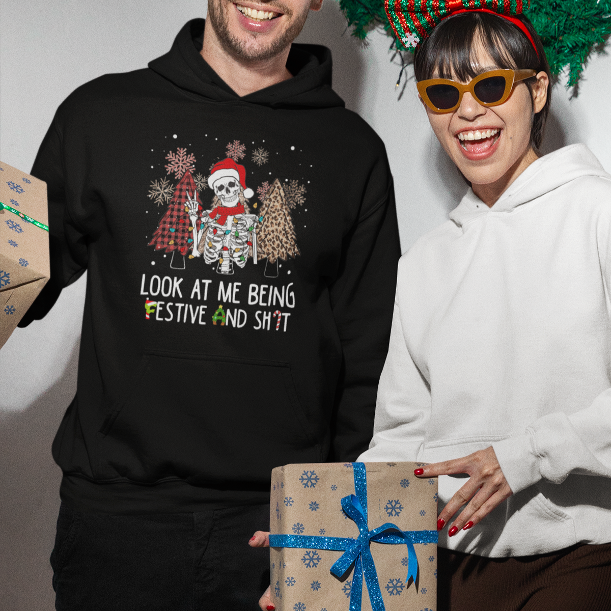 Christmas Hoodie Skeleton Look At Me Being Festival And Shit Leopard Xmas Tree - Wonder Print Shop