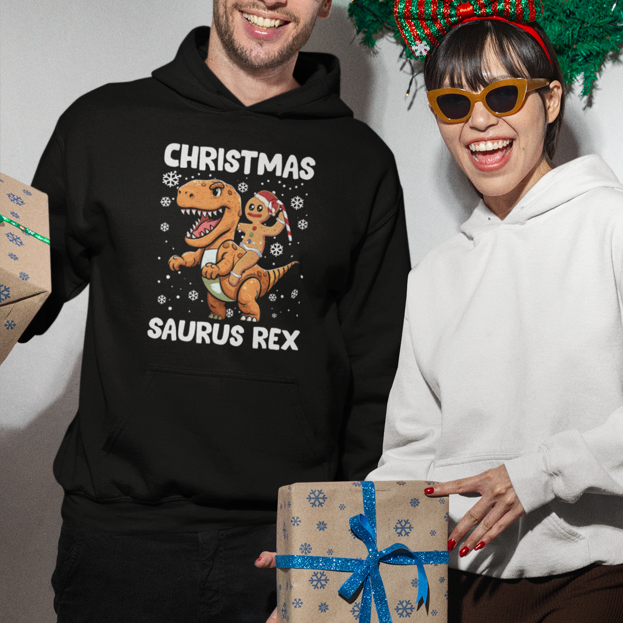 Christmas Saurus Gingerbread Dinosaur Riding Funny Cookie Hoodie - Wonder Print Shop