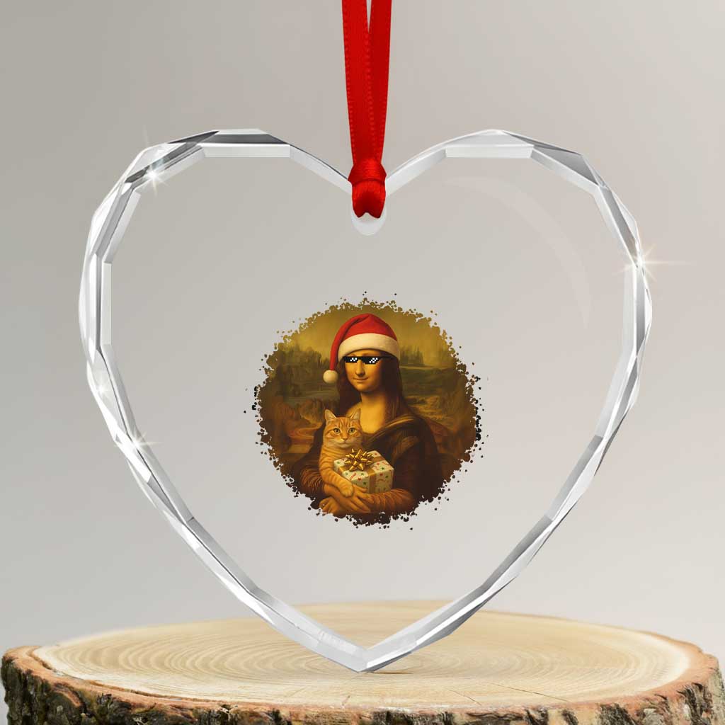 Xmas Mona Lisa Heart Crystal Glass Ornament Funny Holiday Kitty Lover - Wonder Print Shop