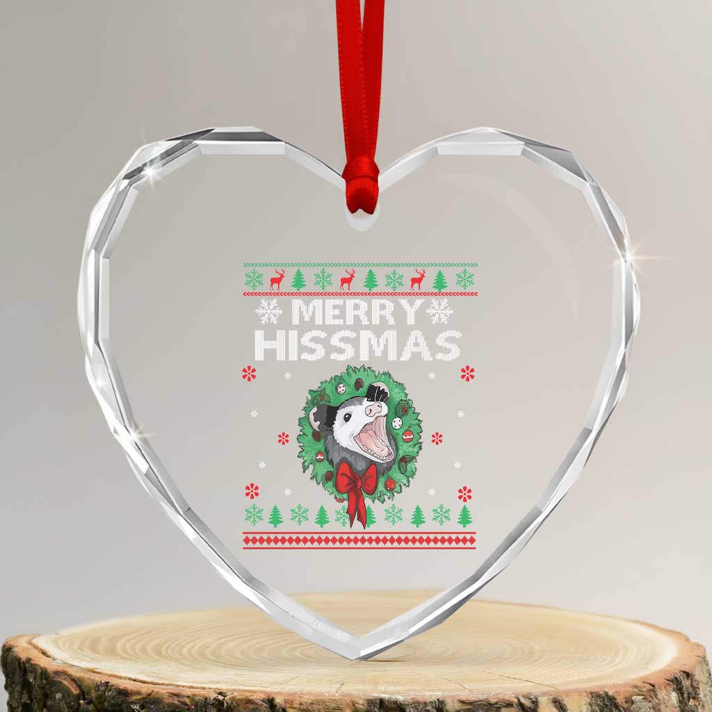 Xmas Opossum Merry Hissmas Heart Crystal Glass Ornament - Wonder Print Shop