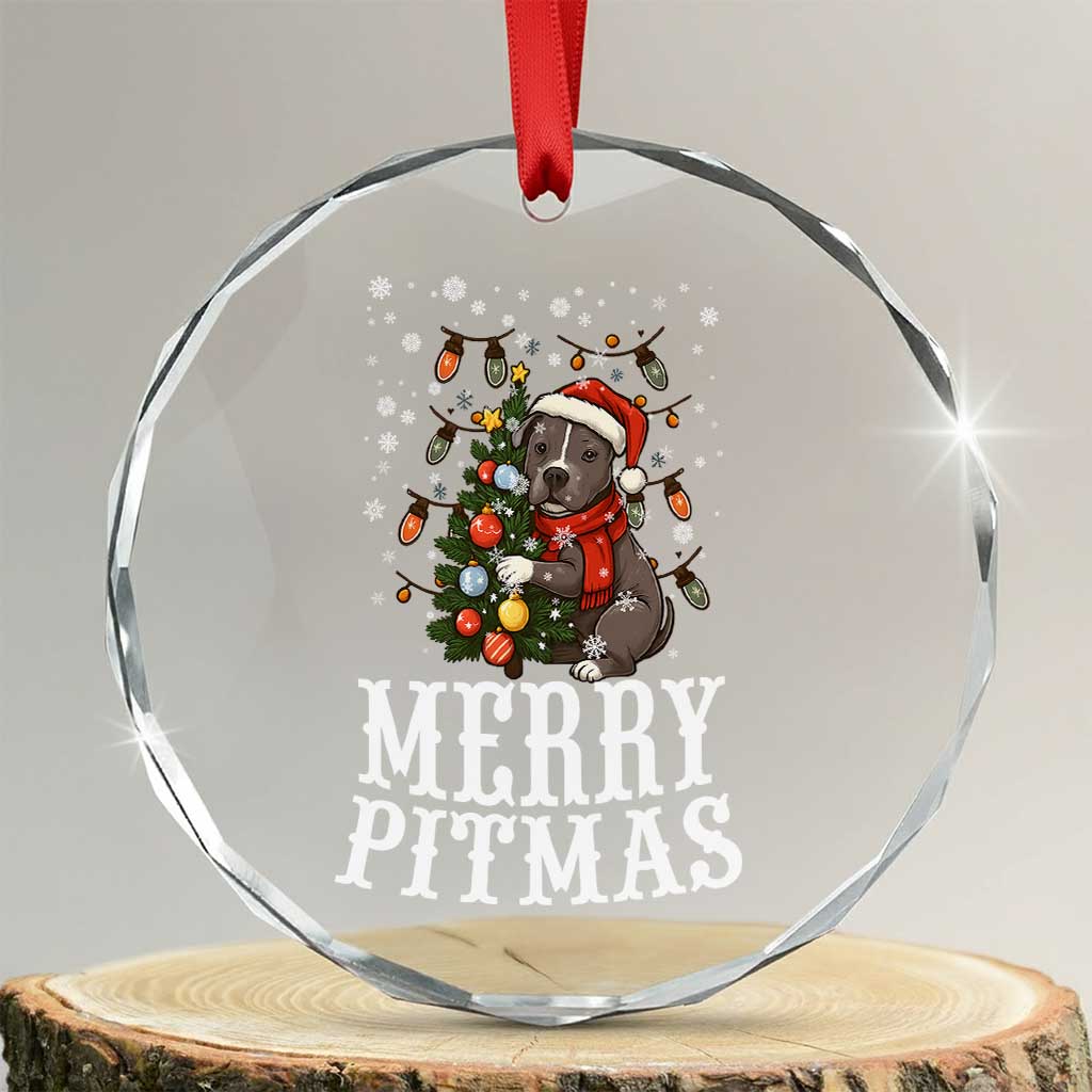Xmas Pitbull Crystal Glass Ornament Funny Merry Pitmas Tree Hug TS12