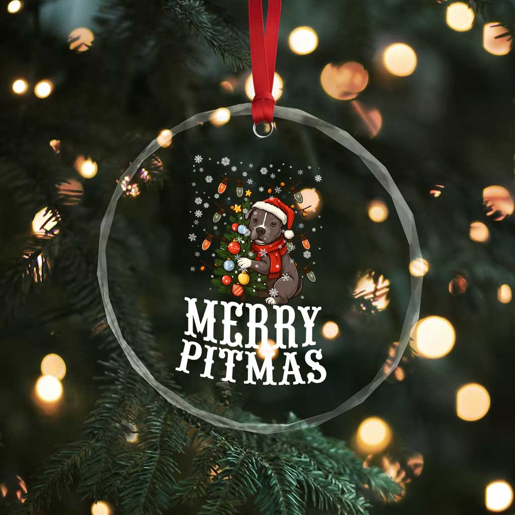 Xmas Pitbull Crystal Glass Ornament Funny Merry Pitmas Tree Hug TS12