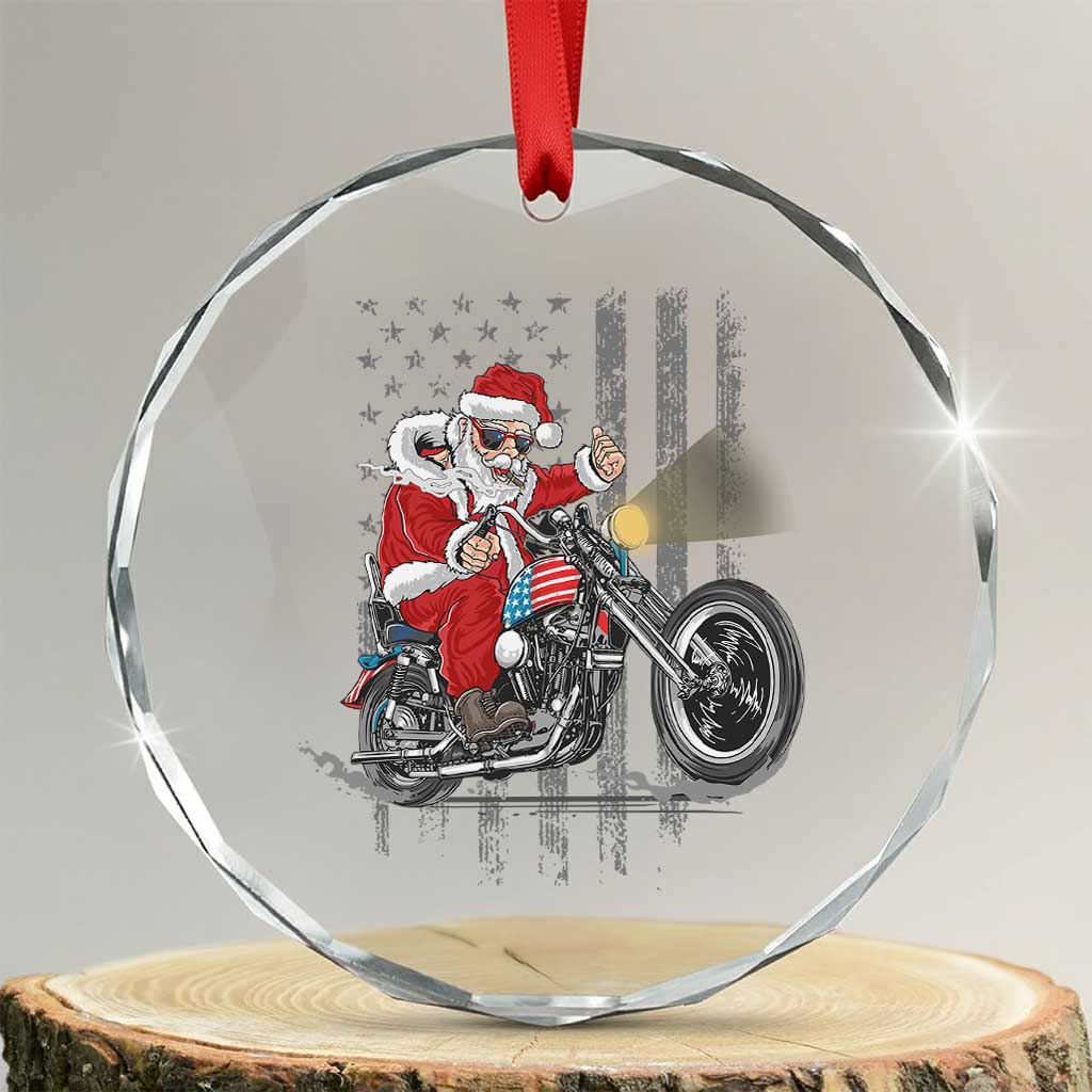 Xmas Santa Riding Motorbike Patriotic USA Crystal Glass Ornament TS09