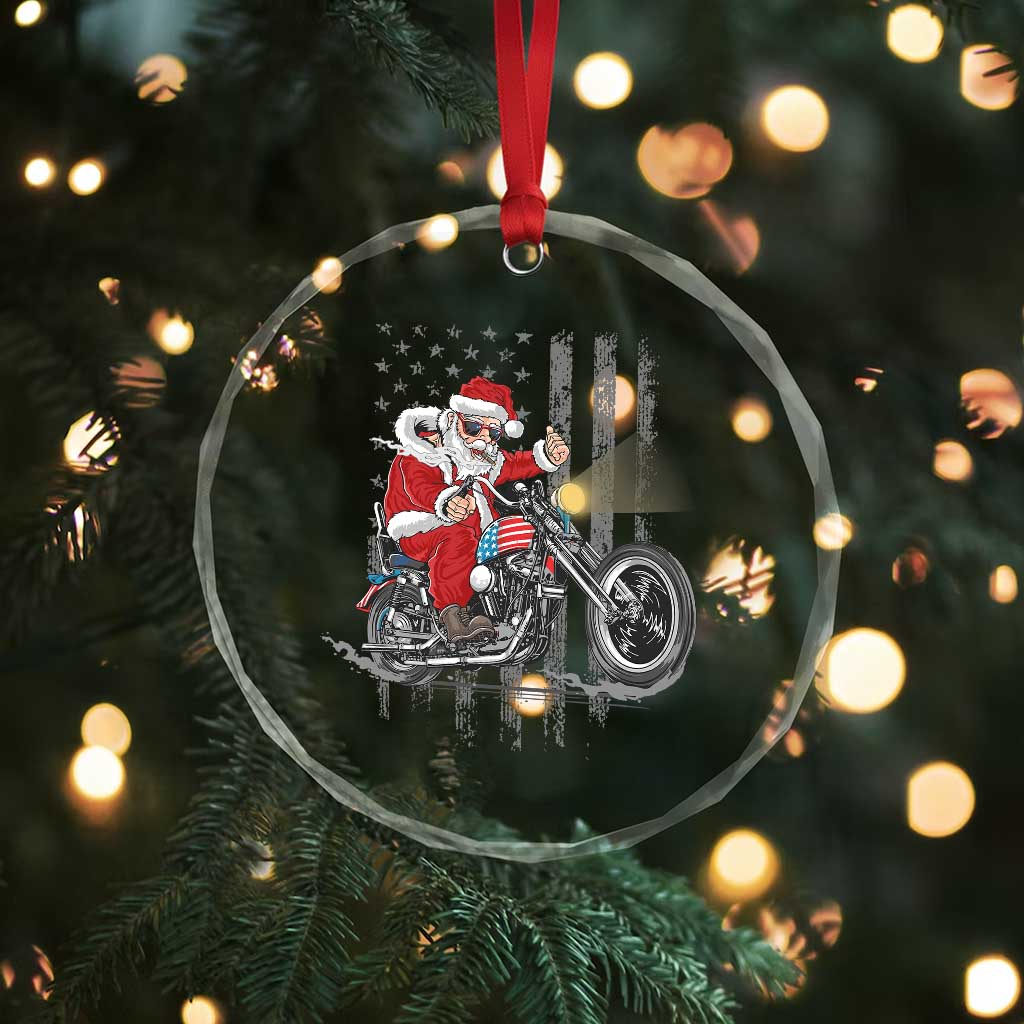 Xmas Santa Riding Motorbike Patriotic USA Crystal Glass Ornament TS09