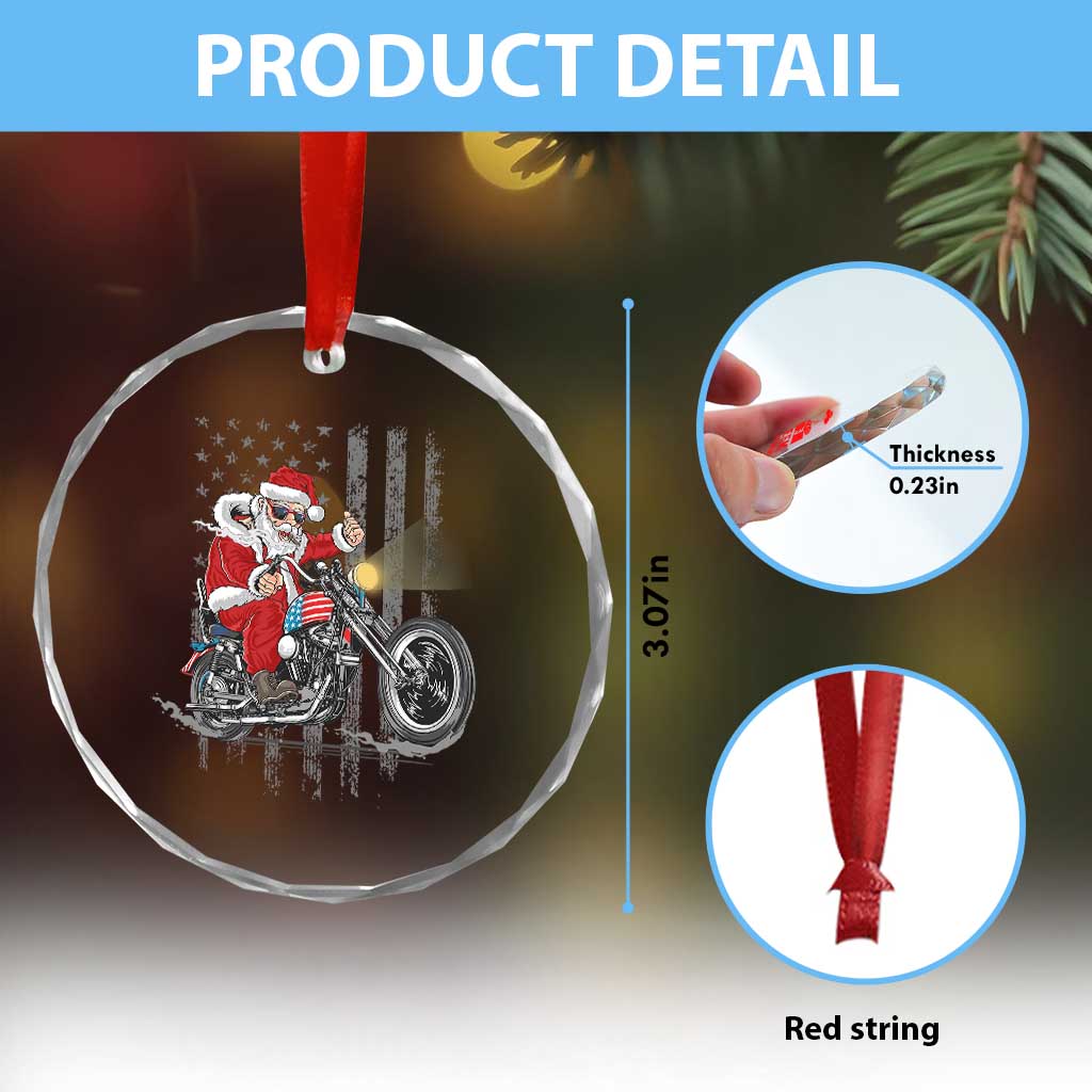 Xmas Santa Riding Motorbike Patriotic USA Crystal Glass Ornament TS09