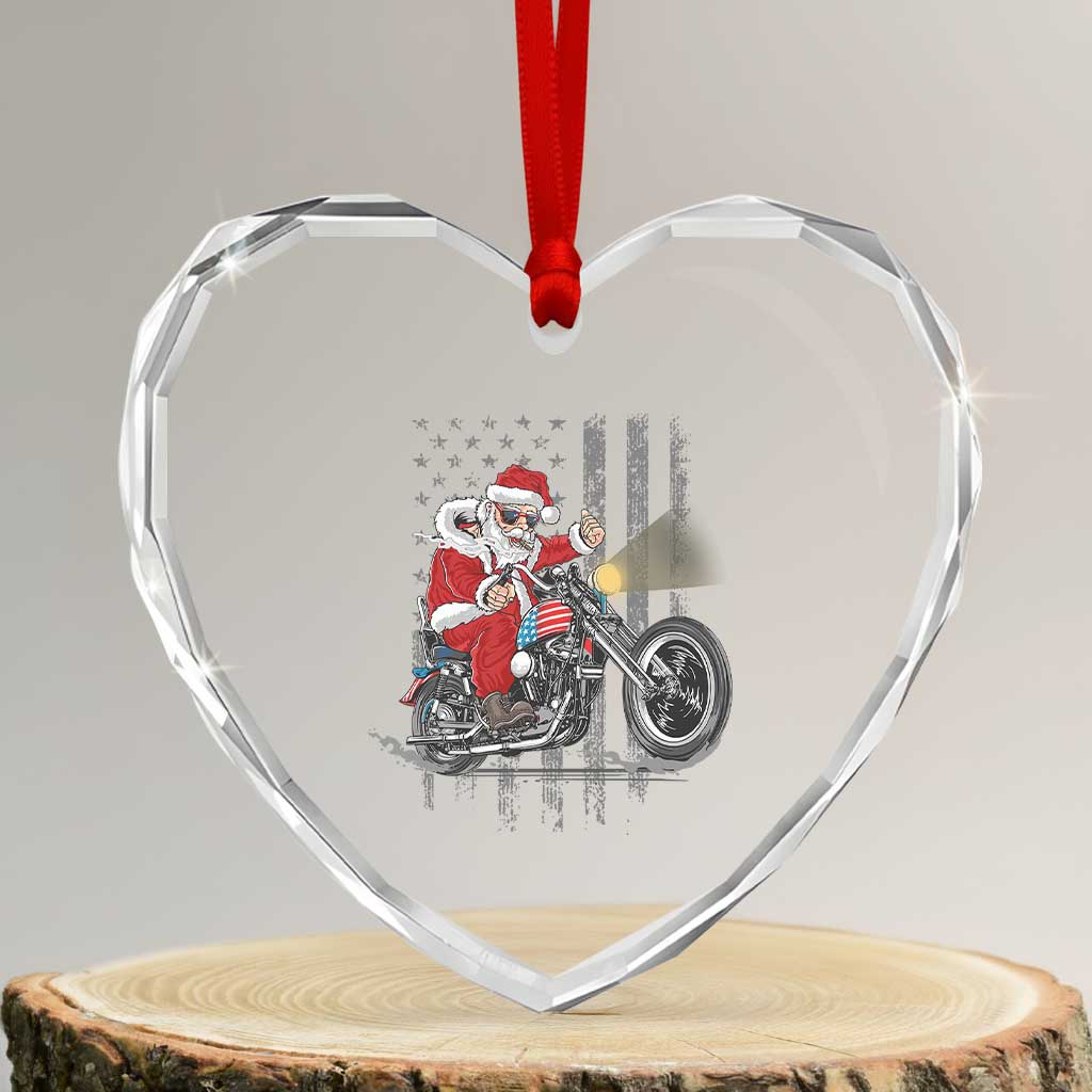 Xmas Santa Riding Motorbike Patriotic USA Heart Crystal Glass Ornament - Wonder Print Shop