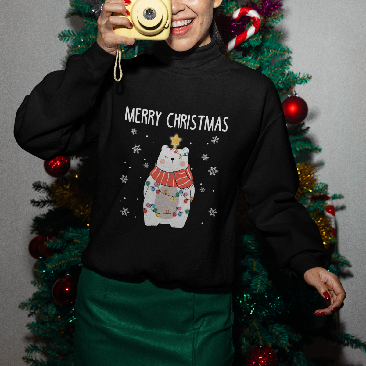 Polar Bear Christmas Tree Costume Red Scarf Merry Christmas Sweatshirt - Wonder Print Shop