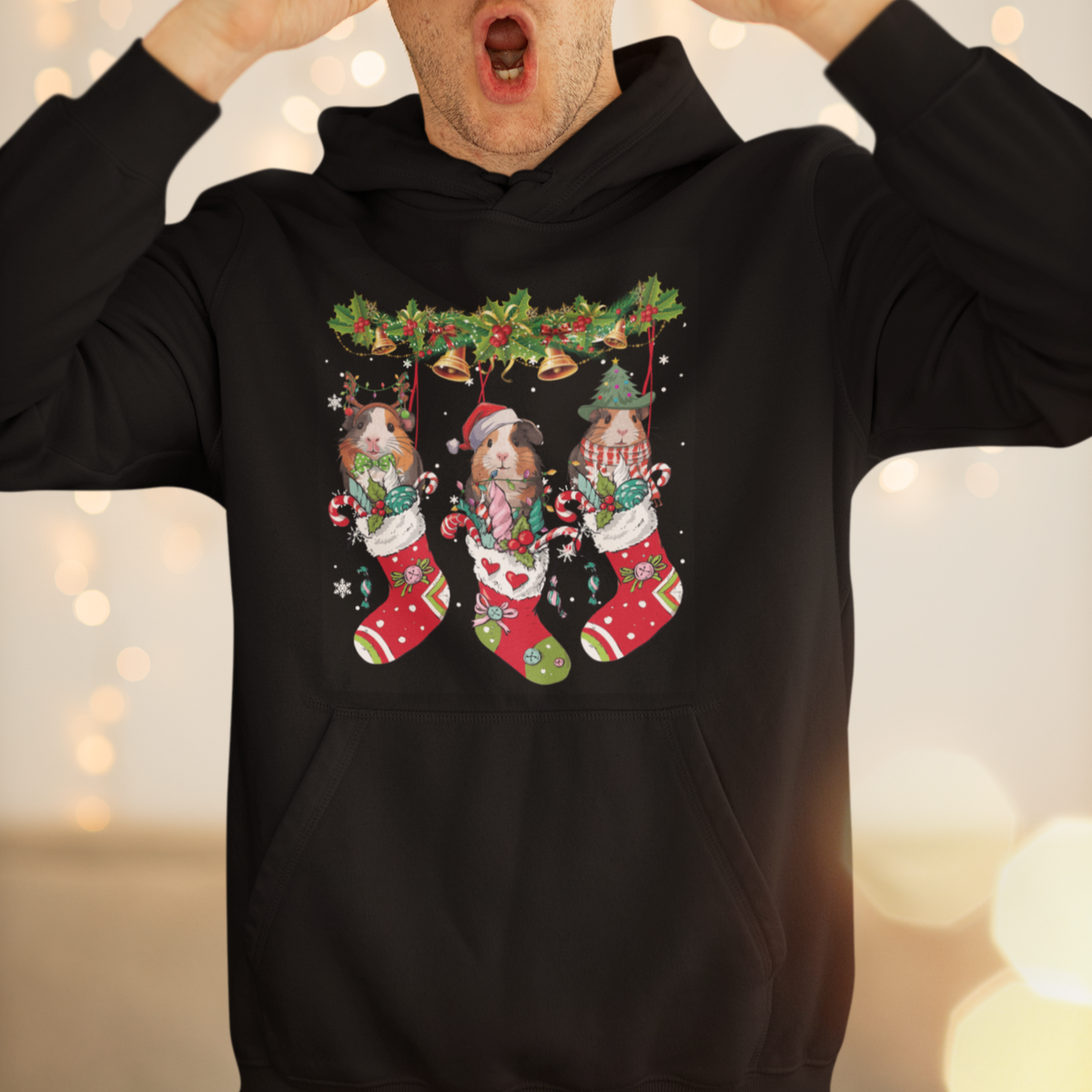 Christmas Hoodie Guinea Pig In Xmas Socks Cute Santa Hat - Wonder Print Shop