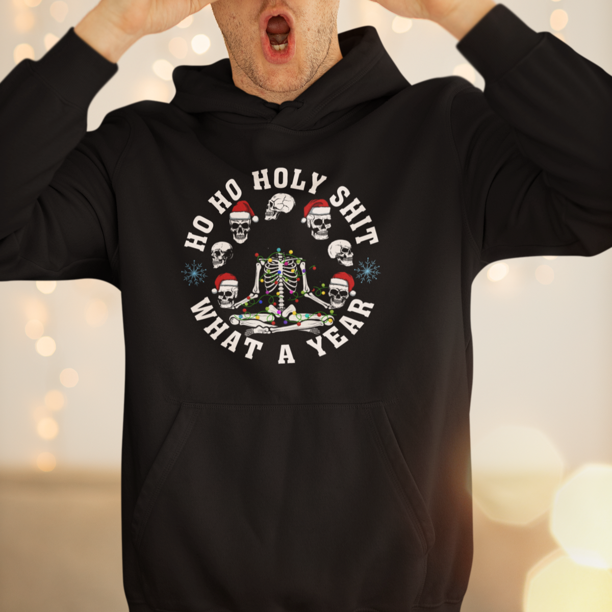 Christmas Hoodie Ho Ho Holy Shit What A Year Funny Skeleton Skull Xmas Hat - Wonder Print Shop