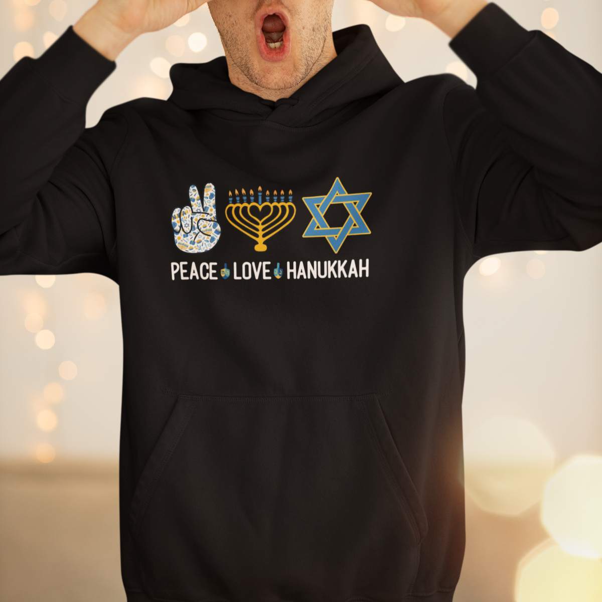 Peace Love Hanukkah Retro Chanukah Jewish Menorah Star of David Hoodie - Wonder Print Shop