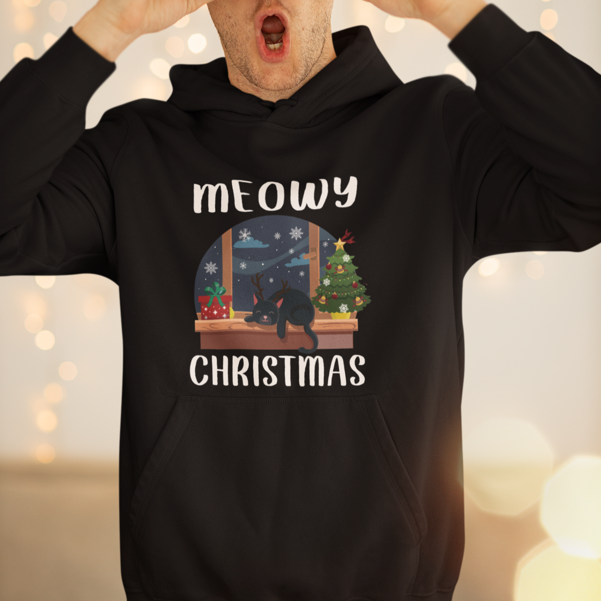 Christmas Hoodie Cat Reindeer Chillin' Xmas Eve Window Meowy - Wonder Print Shop