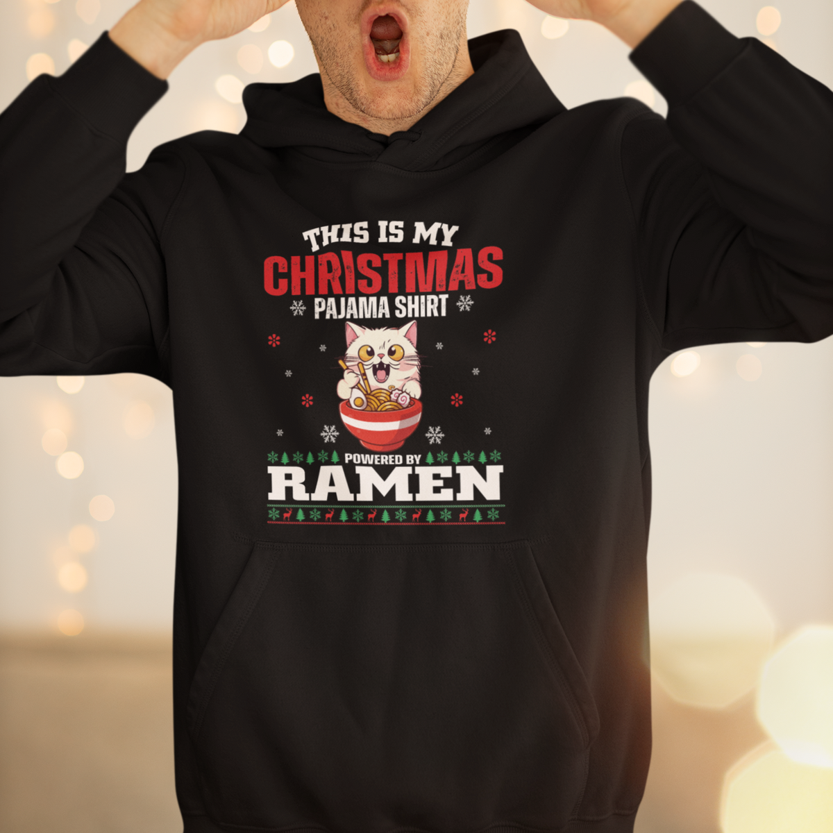 Kawaii Cat Powered By Ramen Christmas Japanese Noodle Hoodie - Wonder Print Shop