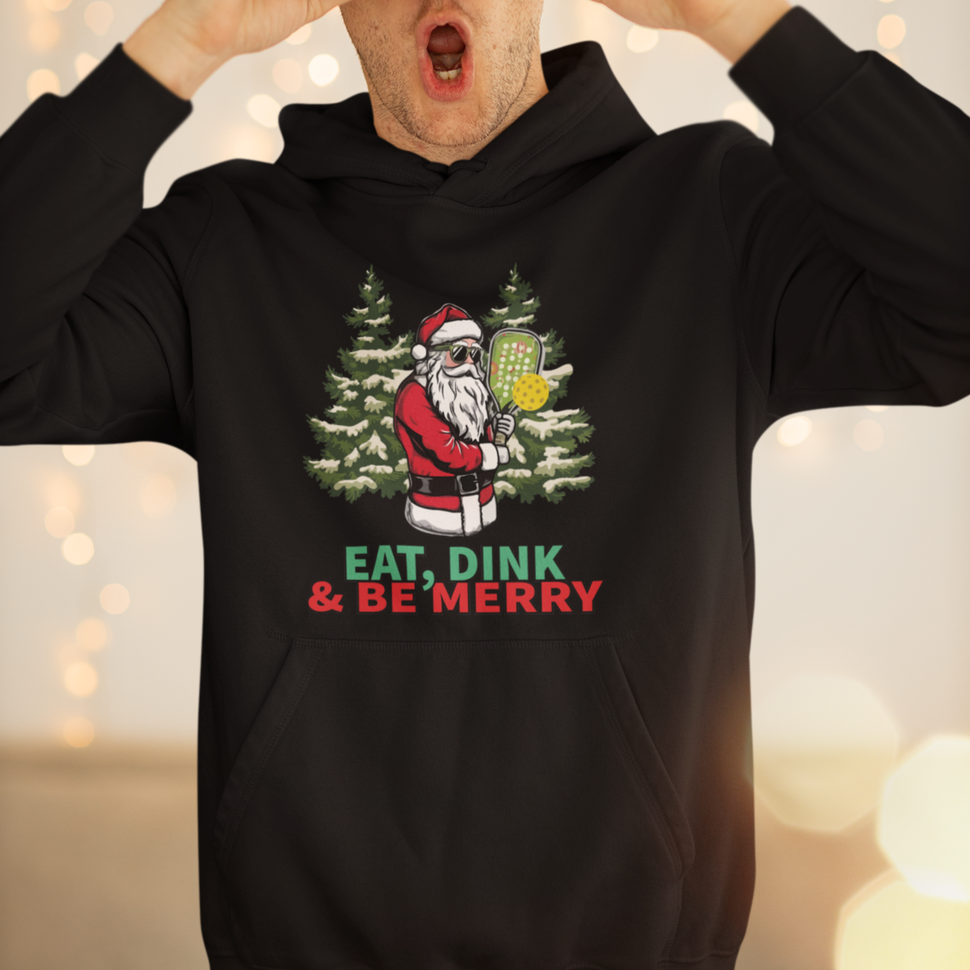 Christmas Sport Hoodie Eat Dink Be Merry Santa Claus Pickleball - Wonder Print Shop