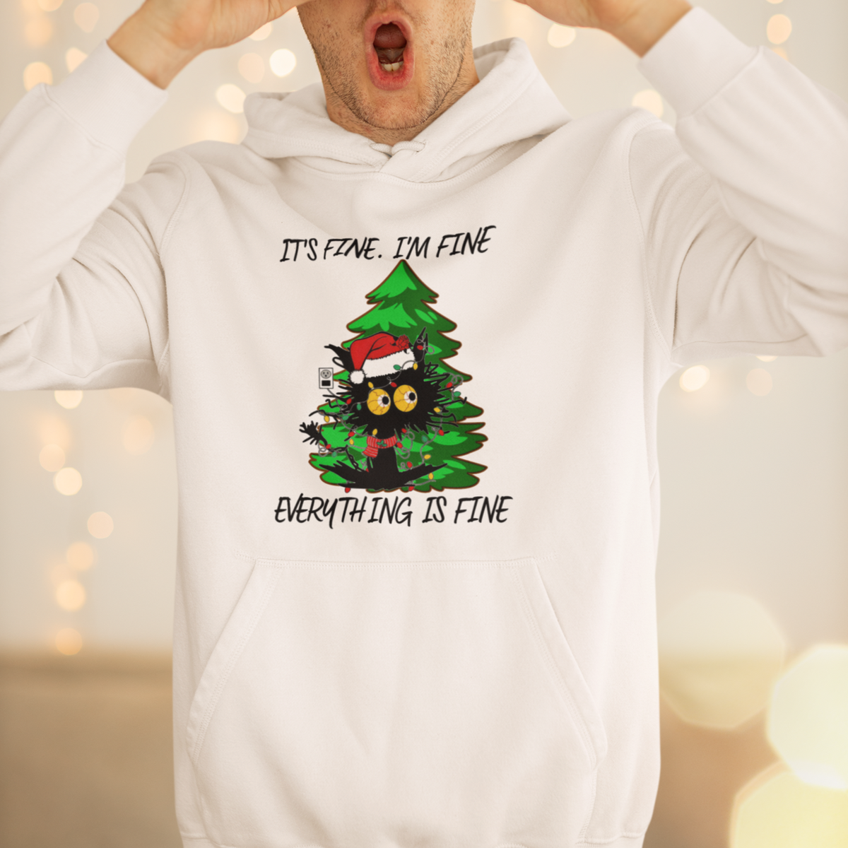 Black Cat Christmas Hoodie It's Fine I'm Fine Everthing Is Fine Funny Xmas - Wonder Print Shop