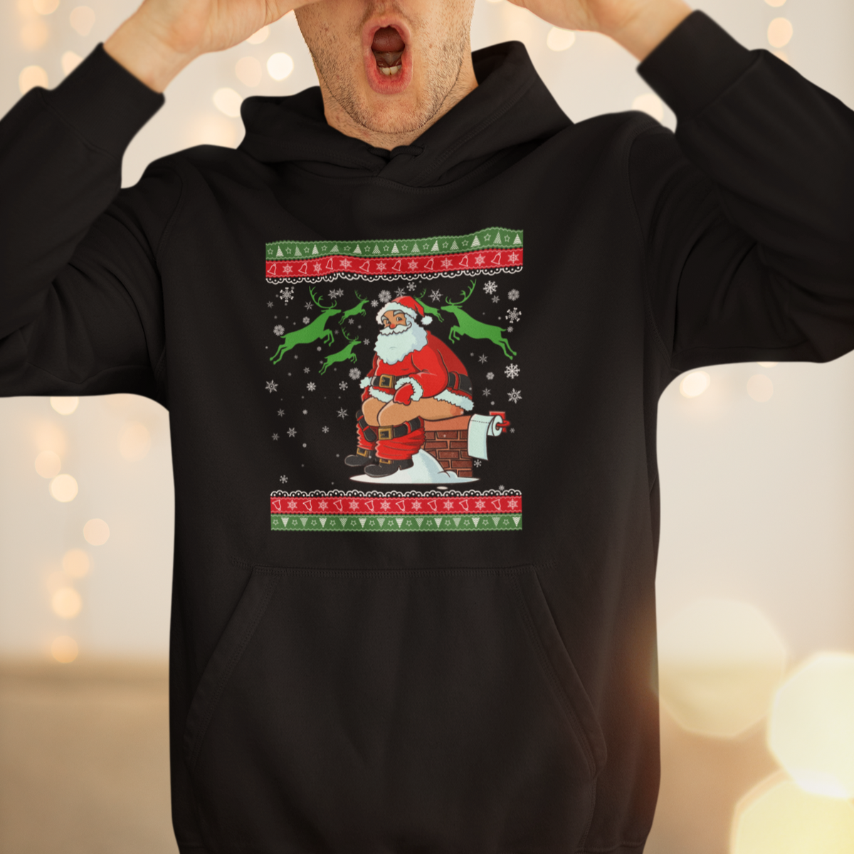 Funny Santa Claus Hoodie Pooping Down The Chimney Ugly Sweater Christmas - Wonder Print Shop