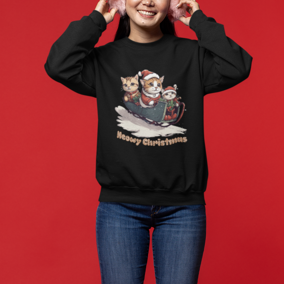 Cat Sleigh Meowy Christmas Holiday Santa Hat Sweatshirt - Wonder Print Shop