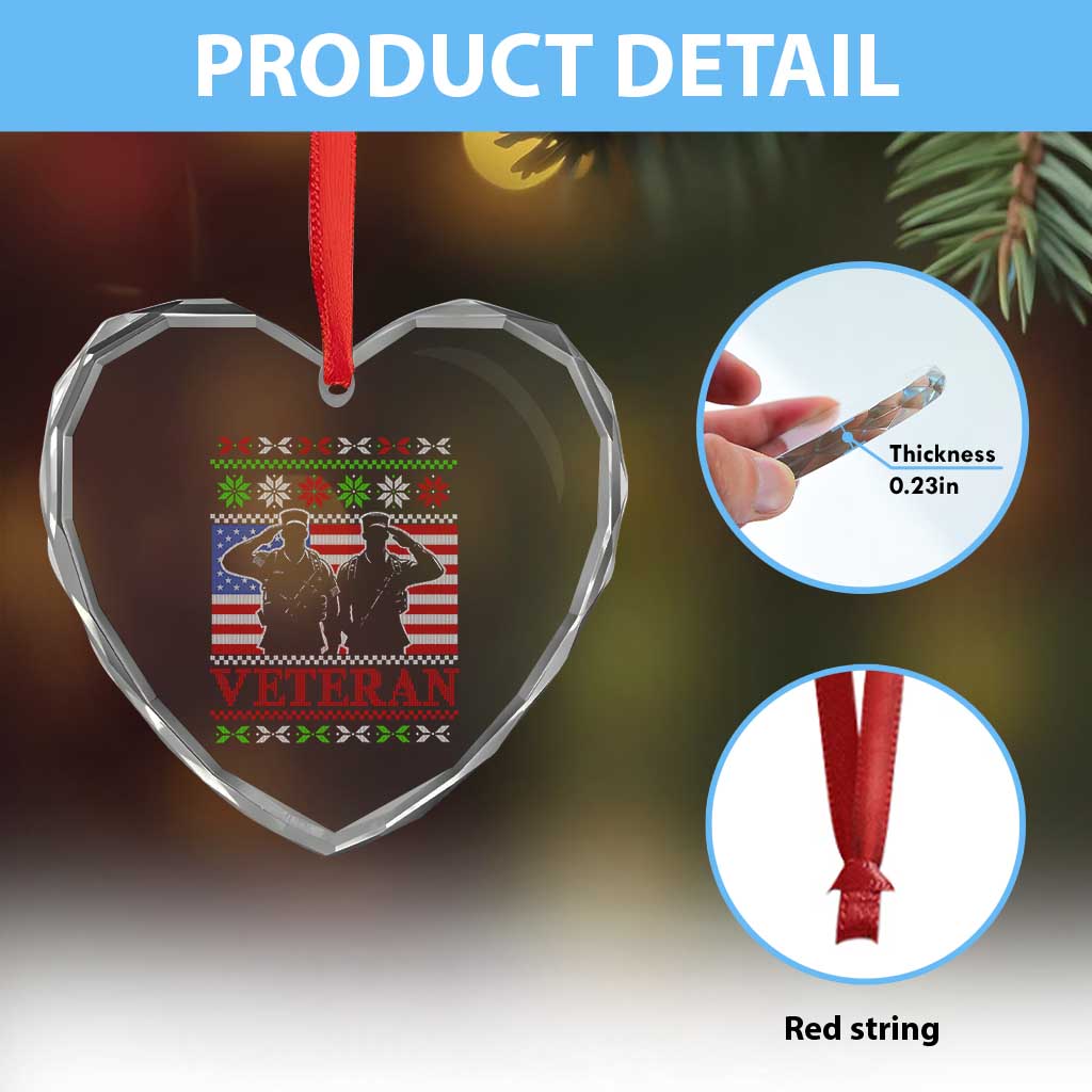 Xmas Veteran Heart Crystal Glass Ornament Soldier America Flag Patriotic - Wonder Print Shop