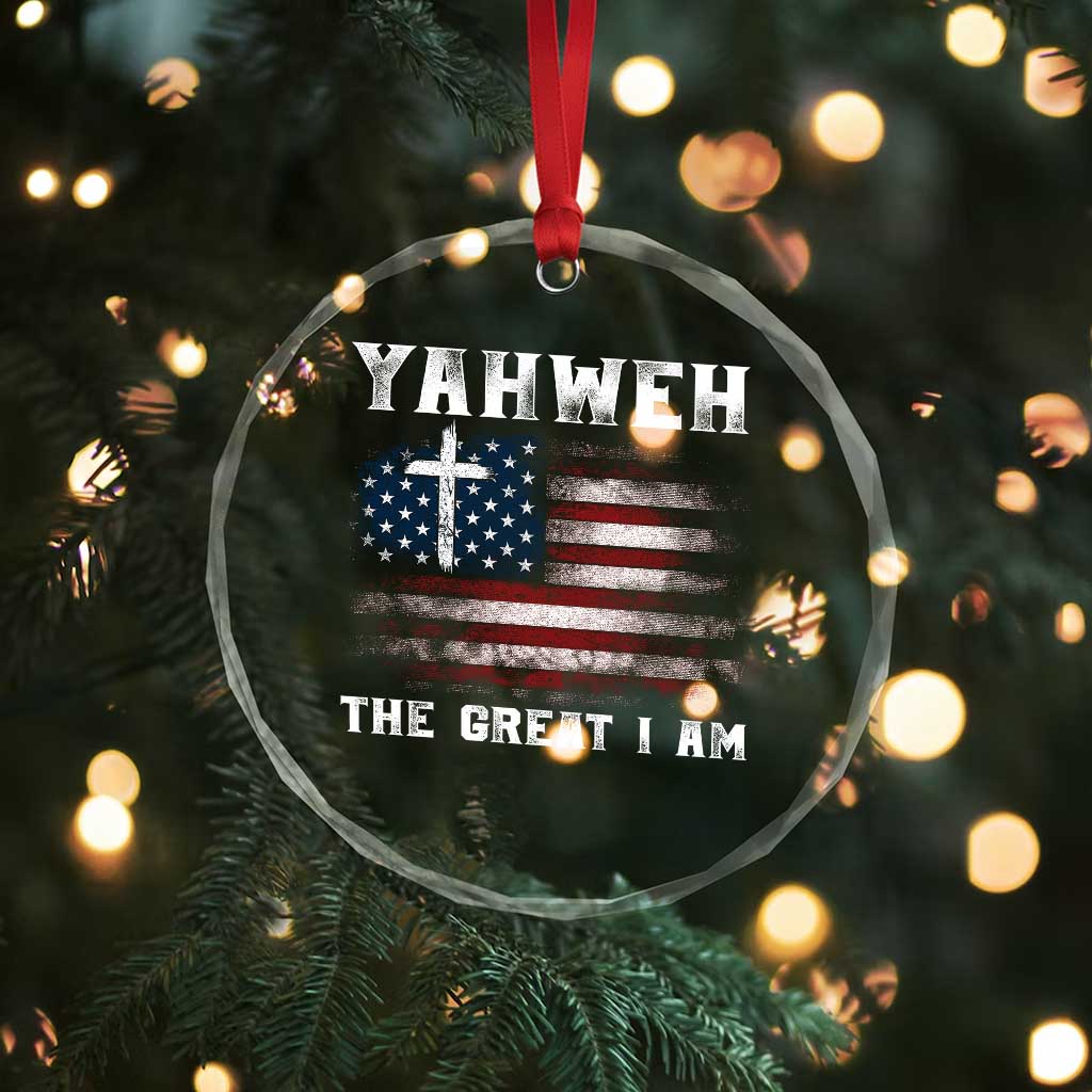 Yahweh The Great I Am Christian Faith Crystal Glass Ornament Vintage American Flag - Wonder Print Shop