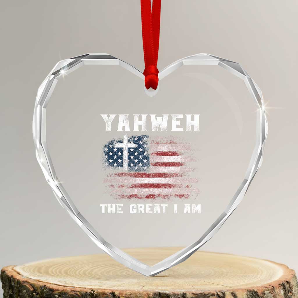 Yahweh The Great I Am Christian Faith Heart Crystal Glass Ornament Vintage American Flag - Wonder Print Shop
